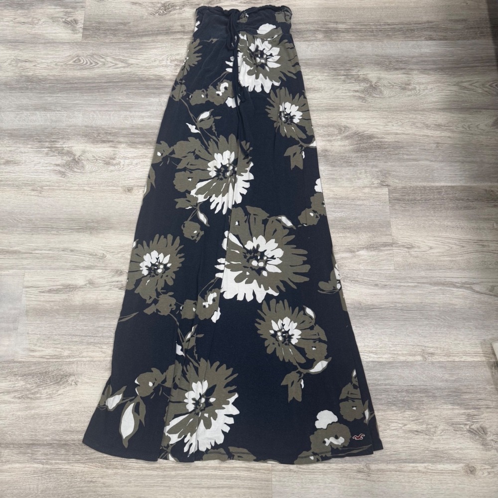 Hollister‎ Floral Maxi Skirt Navy Blue Olive Green Smocked Waist Womens Medium